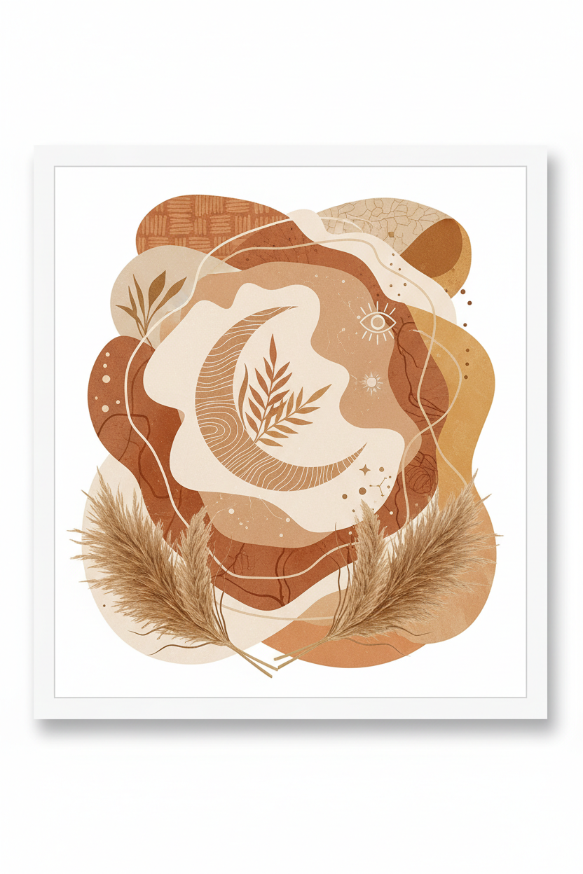 Boho earthy printable wall art with terracotta tones and pampas grass